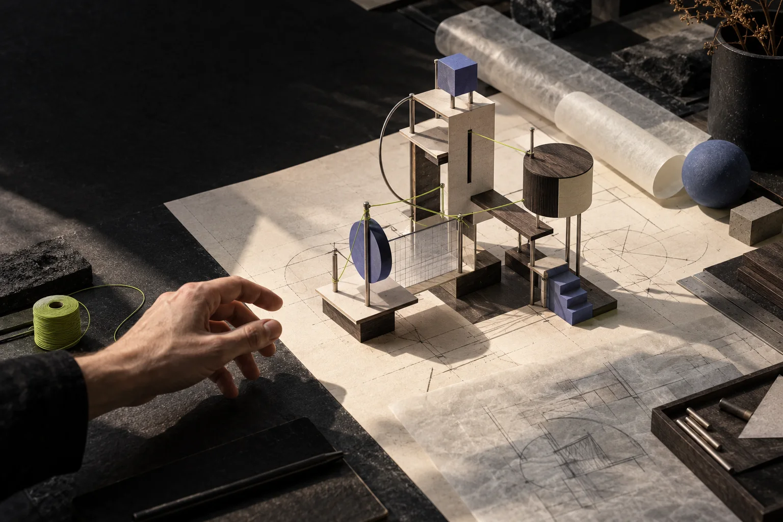 A project model on a worktable, with distinct parts connected into a structure of their own
